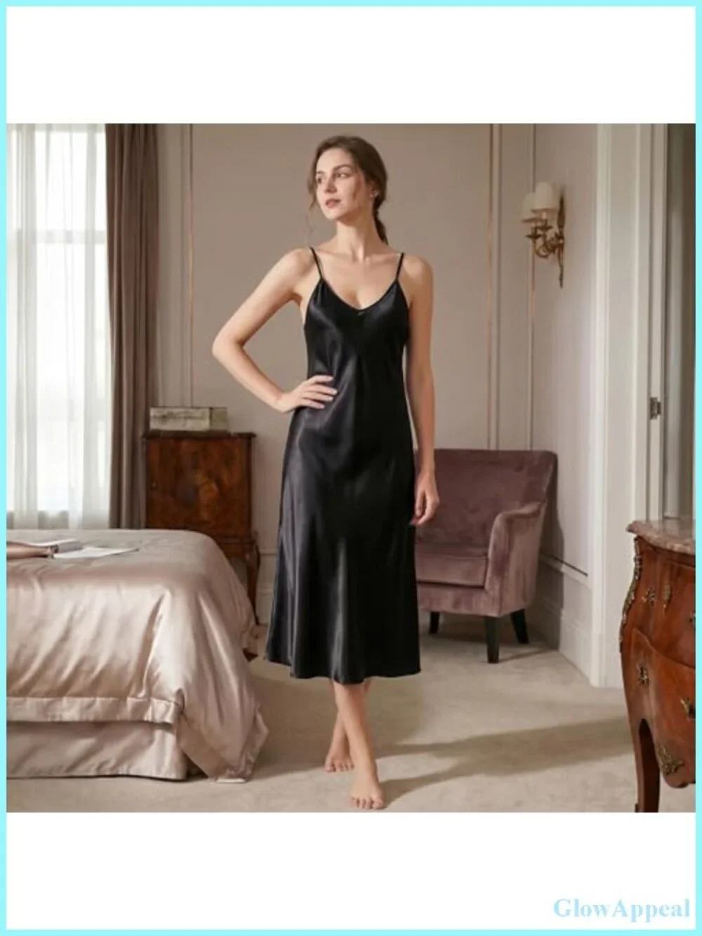 Women Soft Satin Nightgown Long Slip Dress Silky Chemise V-Neck Adjustable Strap